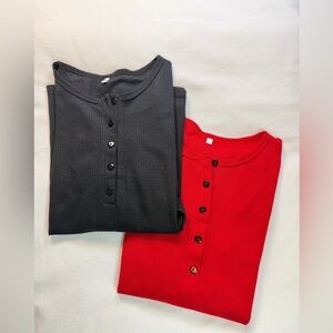 Lot of 2 Womens Lightweight Waffleknit Long Sleeve Henley Tops Large EUC